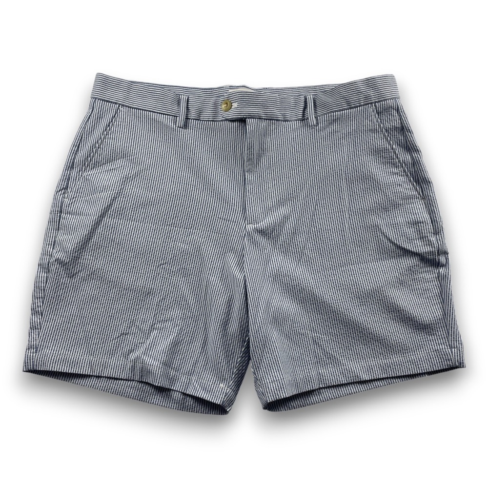 Banana Republic Mens 36 Grayson 7" Shorts Navy White Stripe Seersucker 432394